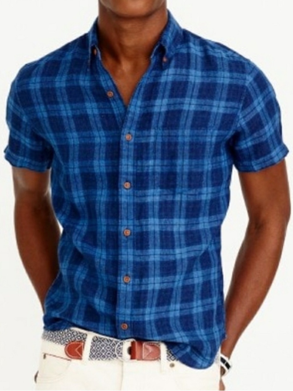 J. Crew Baird McNutt Irish Linen Short Sleeve Shirt Plaid Blue Indigo Dyed